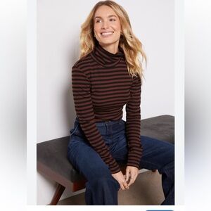 Sanctuary Essential Turtleneck Tshirt black brown stripe rib knit SMALL spandex
